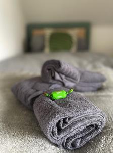 锡根GRÜN möbliertes Wohnen auf Zeit mit 2 Schlafzimmern und 65 Zoll TV的放在床上的毛巾