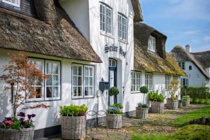 una hilera de cabañas con techo de paja y plantas en macetas en Boutiquehotel Seiler Hof Keitum, en Keitum