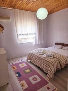 a bedroom with a bed and a window and a rug at Olympos Orange Village Nature, Sea and You in Kumluca