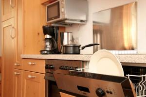 a kitchen with a stove top oven with a microwave at Zeller City Apartment Aydin in Zell am See