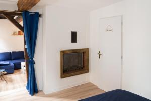 a living room with a fireplace and a blue couch at Le rêve bleu in Moulins