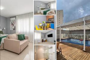 a collage of photos of a living room and a bedroom at Alphaville-Industrial com cozinha-piscina e academia-500mega in Barueri