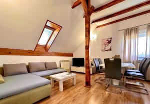 ein Wohnzimmer mit Sofa und Tisch in der Unterkunft Apartments Sanja in Rakovica