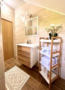 ein Badezimmer mit Waschbecken und Spiegel in der Unterkunft Apartments Sanja in Rakovica + 56 Fotos