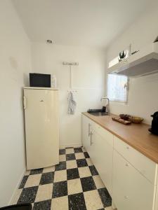 エーグ・モルトにあるAppartement au pied des rempartsのキッチン(白い冷蔵庫付)、チェッカー付きの床