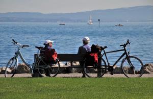 two people sitting on a bench near the water with a dog at Ruhige Ferienwohnung Seemöwe mit Balkon - ideal für Paare & Radurlauber in Radolfzell am Bodensee +15 photos