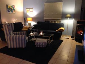 a living room with two couches and a fireplace at The Golfers Blue in Unter Göhren