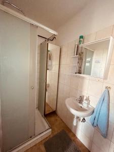 a bathroom with a sink and a shower at Jóbarát Vendégház in Varsány