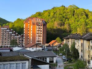 a tall building in the middle of a city at Apartman Vuković, Majdanpek in Majdanpek