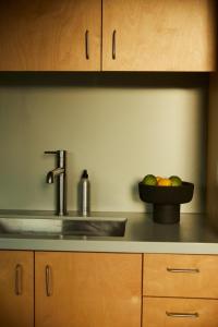 eine Küche mit einem Waschbecken und einer Schale Obst in der Unterkunft World Cup Ready! Artsy Loft Near Fan Zone in Fort Worth