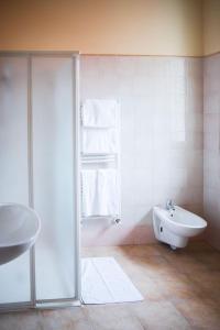 a bathroom with a shower and a tub and a sink at Albergo Olivo in Belluno Veronese