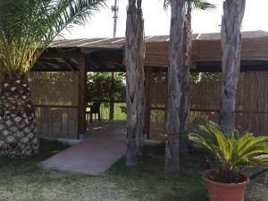 a wooden pavilion with palm trees in a yard at Tenuta Annibale in Leverano