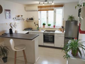 a kitchen with white appliances and plants in it at Apartment Lozica with private garden, self check-in in Korčula