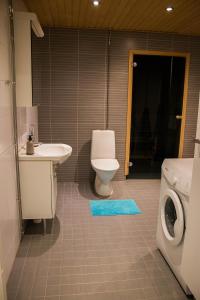a bathroom with a toilet and a sink and a washing machine at Kotikaksio Deodar in Lahti