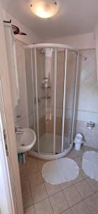 a bathroom with a shower and a toilet and a sink at CASA VISTA LAGO E GIARDINO in Porlezza +15 photos