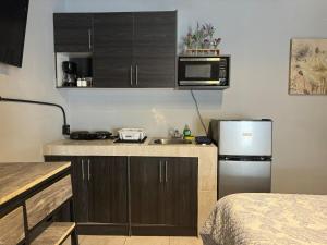 a small kitchen with a sink and a microwave at Estancias Nava #3 in San Antonio