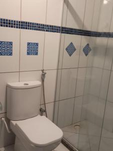 a bathroom with a toilet and a shower at Casas Cocos da Primeira Praia 2 in Cayru