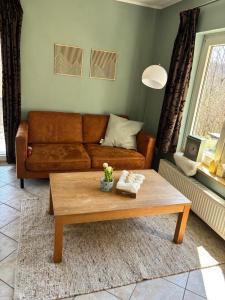 a living room with a couch and a coffee table at Das Eulennest in Sankt Andreasberg