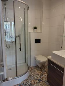 a bathroom with a shower and a toilet and a sink at Willa na Wilcznik in Zakopane +38 photos