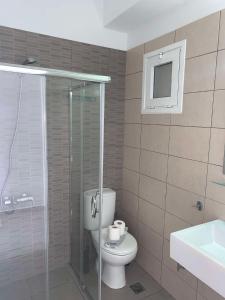 a bathroom with a toilet and a glass shower at Endless Blue Studios in Myrtos +33 photos
