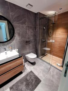 een badkamer met douche, toilet en wastafel bij Simfonija-Belgrade Waterfront - Apartmans in Belgrado