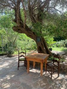 a wooden table and two chairs under a tree at InnJoy Space in Glyfada