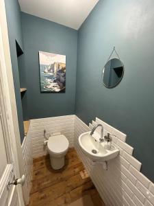 a bathroom with a toilet and a sink and a mirror at Le Merlin in Saint-Martin-aux-Buneaux