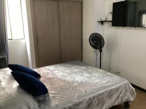 a bedroom with a bed with blue pillows and a fan at Riberas apt, unique & memorable in Cali +18 photos