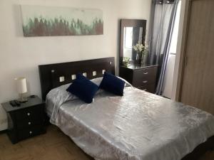 a bedroom with a bed with blue pillows on it at Riberas apt, unique & memorable in Cali