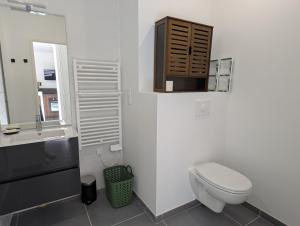 a white bathroom with a toilet and a sink at Appartement lumineux avec balcon & aperçu mer in Pornic +13 photos