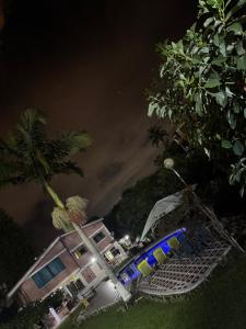 una casa con una palma di fronte ad essa di notte di Hospedaje Avitor a Pereira