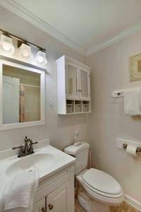 a bathroom with a toilet and a sink and a mirror at Gritz Carlton A in Jekyll Island +15 photos