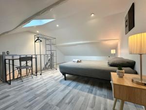 a bedroom with a bed and a desk in a room at L'Évasion en Bord de Seine in Bray-sur-Seine +14 photos
