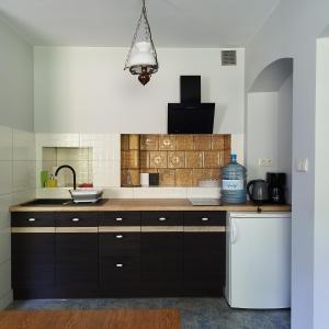 a kitchen with black cabinets and a white refrigerator at Apartamenty u Gołębiewskich in Stara Kamienica