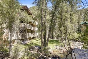 a house in the woods with trees in the foreground at Riverside Condo, with a Pool & Hot Tub - Steps to Town in Aspen
