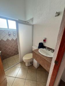 a bathroom with a toilet and a shower and a sink at Oasis de paz con alberca privada in Texcalpan +8 photos