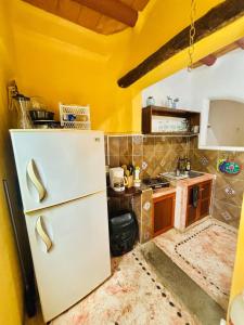 a kitchen with a white refrigerator and a sink at Suite Playa La Madera Zihuatanejo in Zihuatanejo