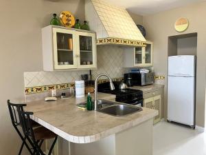 une cuisine avec un évier et un réfrigérateur blanc dans l'établissement Bungalow Tranquilidad 2, à La Manzanilla 4 autres photos