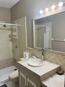 une salle de bain avec un lavabo, des toilettes et un miroir dans l'établissement Bungalow Tranquilidad 2, à La Manzanilla