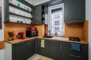 eine Küche mit dunkelgrauen Schränken und einer Mikrowelle in der Unterkunft Luna Apartament in Mamaia Nord – Năvodari