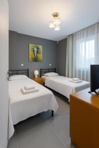 pokój hotelowy z dwoma łóżkami i telewizorem w obiekcie Johns villa w mieście Artemida
