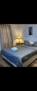 Un dormitorio con una cama con un edredón azul. en Lemon king room 4, en Newark