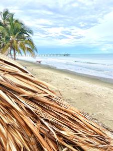 a pile of straw on a beach with palm trees at Villa Isla fuerte Ávila in Moñitos