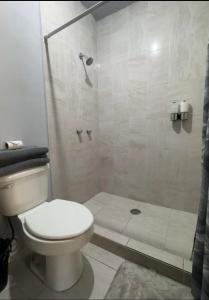 a bathroom with a toilet and a shower at Estancias Nava #4 in San Antonio +4 photos