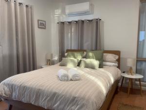莱特宁岭The Miners Cottage On Nettleton Lightning Ridge的一间卧室，床上有两条毛巾
