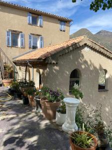 a house with a bunch of potted plants in front of it at Pleasant Lower Villa Breil sur Roya in Breil-sur-Roya