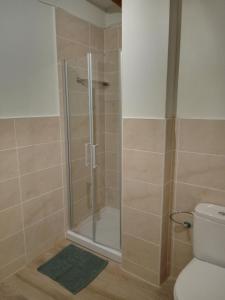 a shower with a glass door in a bathroom at Centrally located two bedroom apartment in Perelló