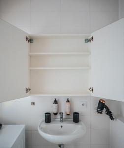 a white bathroom with a sink and shelves at Wohnbude Hauptbahnhof in Vienna +82 photos