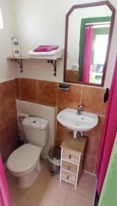 a bathroom with a toilet and a sink and a mirror at Beachfront Studio with Private Kitchen and Bath in Algeciras +33 photos