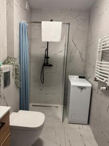 ein weißes Badezimmer mit Toilette und Dusche in der Unterkunft Natura Resort Rozewska in Jastrzębia Góra + 10 Fotos